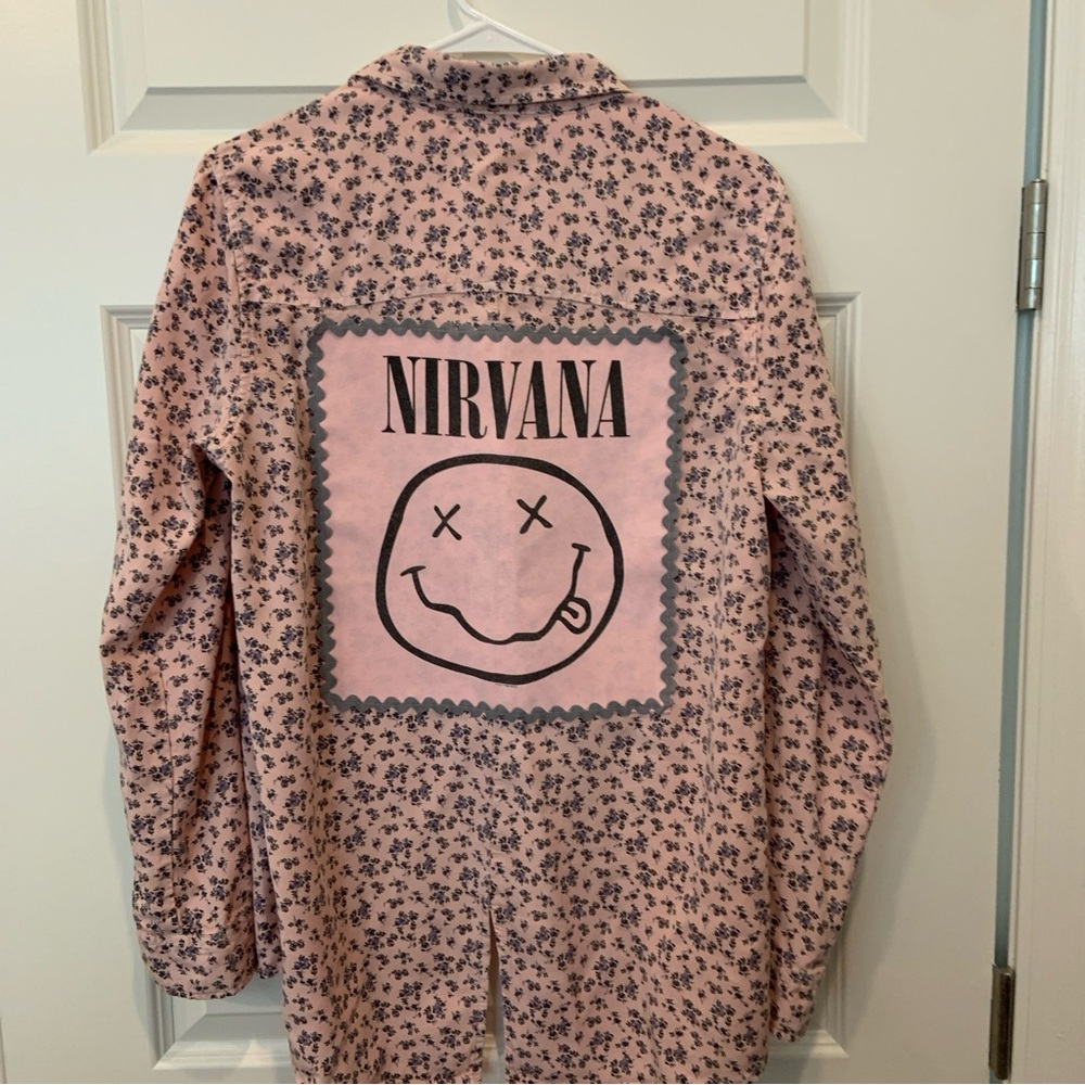 Women’s custom Nirvana Upcycled Pink RayonPearl Snap Band Shirt